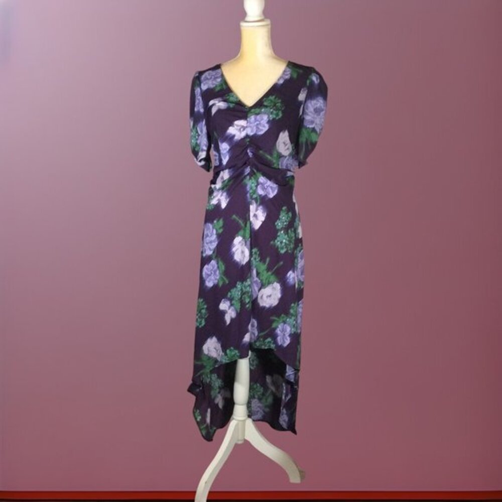 A New Day Crepe Short Sleeve Midi Dress Purple Floral High Low Dress Size Medium